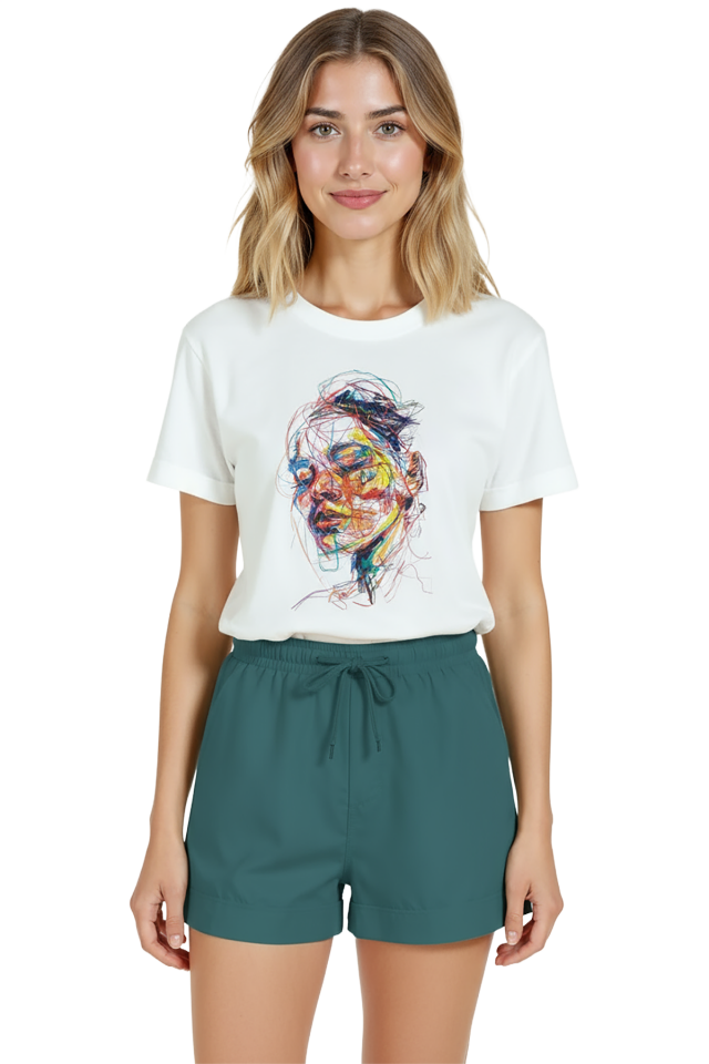 Kadın Beyaz Relaxed Fit %100 Pamuk Tişört – Renkli Çizgisel Karalama Yüz Baskılı