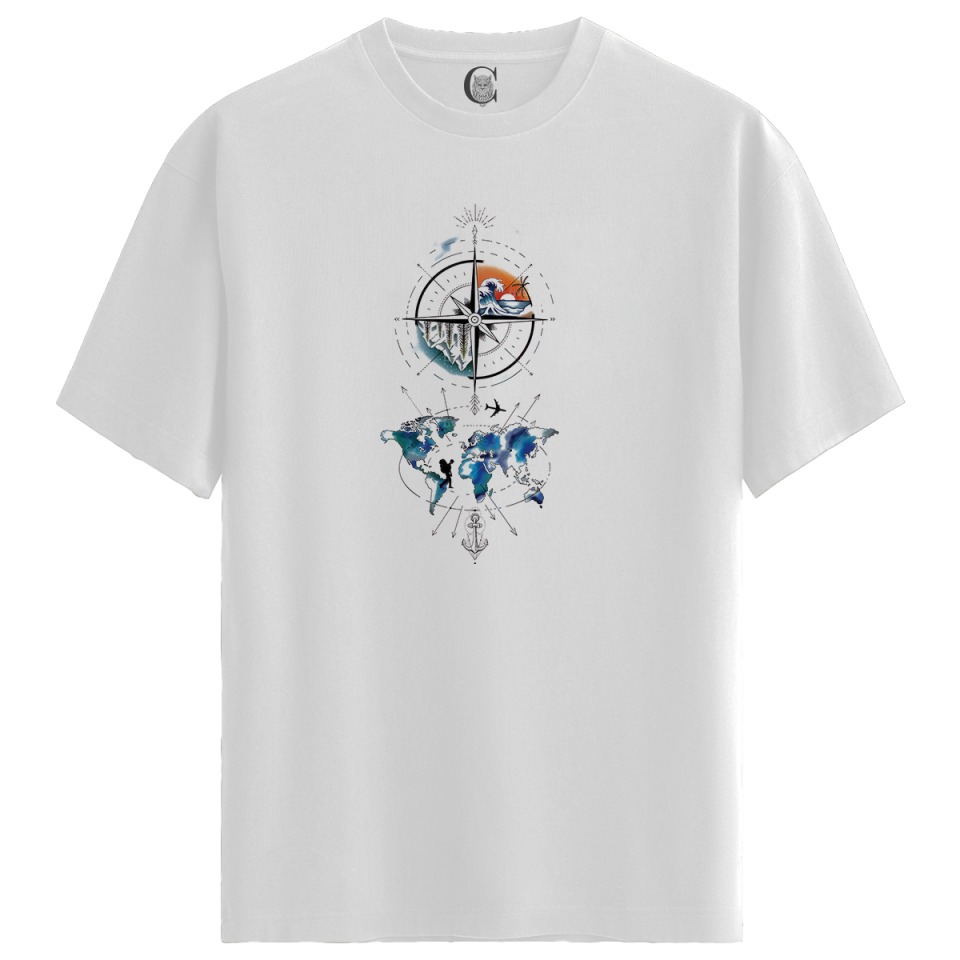 Compass Explorer - %100 Pamuklu Erkek Beyaz Tişört - Premium Quality