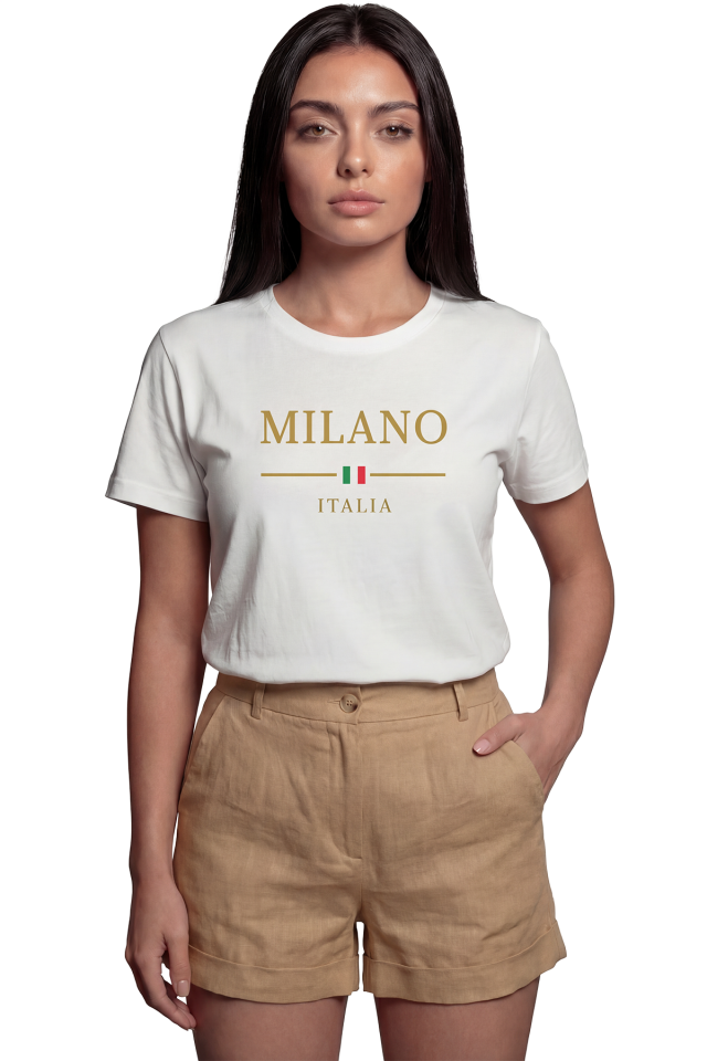 ''Milano Italia'' Gold Yazılı Minimalist Baskılı %100 Pamuk Rahat Kesim Premium Kadın Tişört