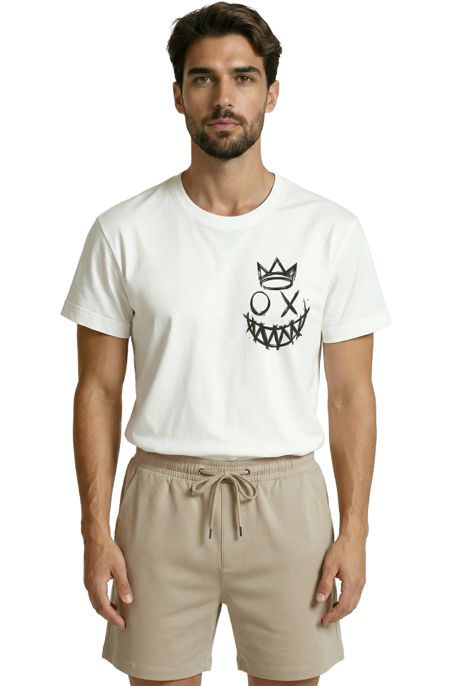 Taçlı ve Çılgın Surat İfadeli Graffiti Baskılı Minimalist Tasarım Premium Erkek Tişört