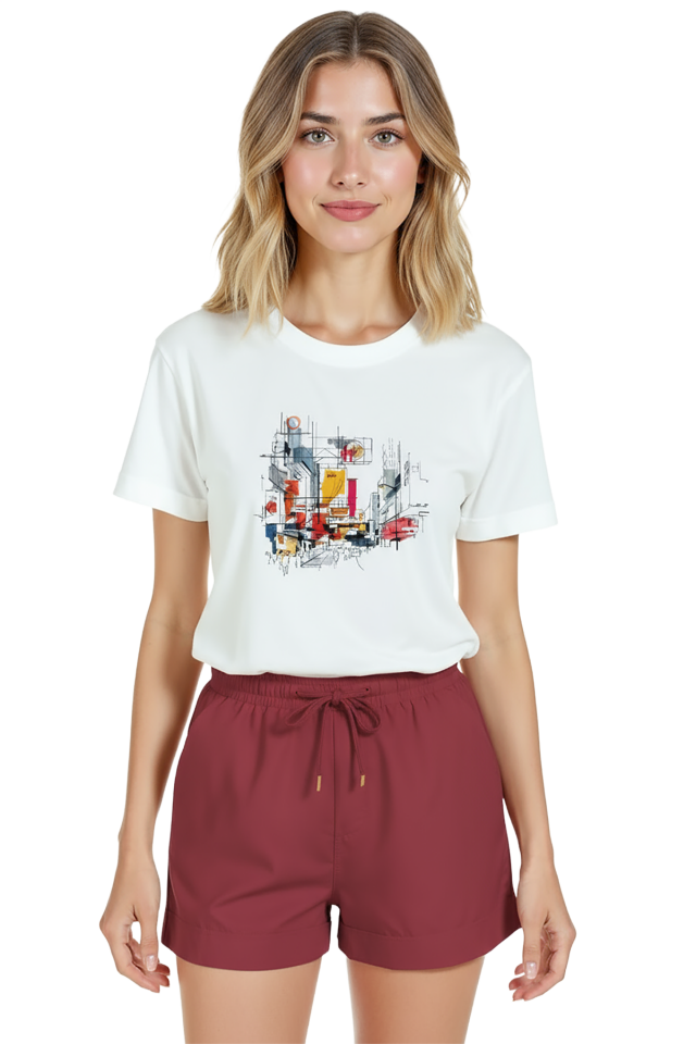 Kadın Beyaz Relaxed Fit %100 Pamuk Tişört – Soyut Şehir Manzarası & Mimari Eskiz Baskılı