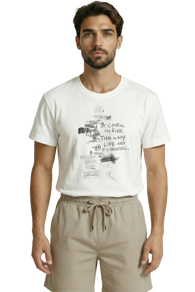 ''Of Course I'm Fine'' Mottolu ve Karmaşık Karalama Eskiz Baskılı Premium Erkek Tişört