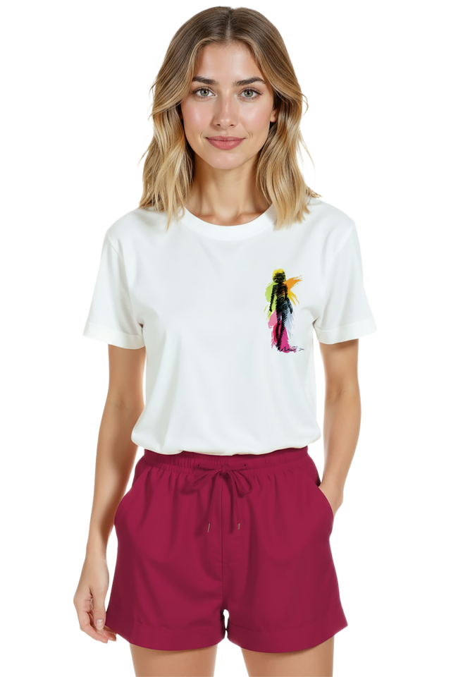 Kadın Beyaz Relaxed Fit %100 Pamuk Tişört – Renkli Fırça İzleri & Soyut Figür Baskılı