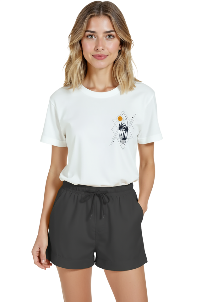 Kadın Beyaz Relaxed Fit %100 Pamuk Tişört – Geometrik Palmiyeler Minyatür Baskılı