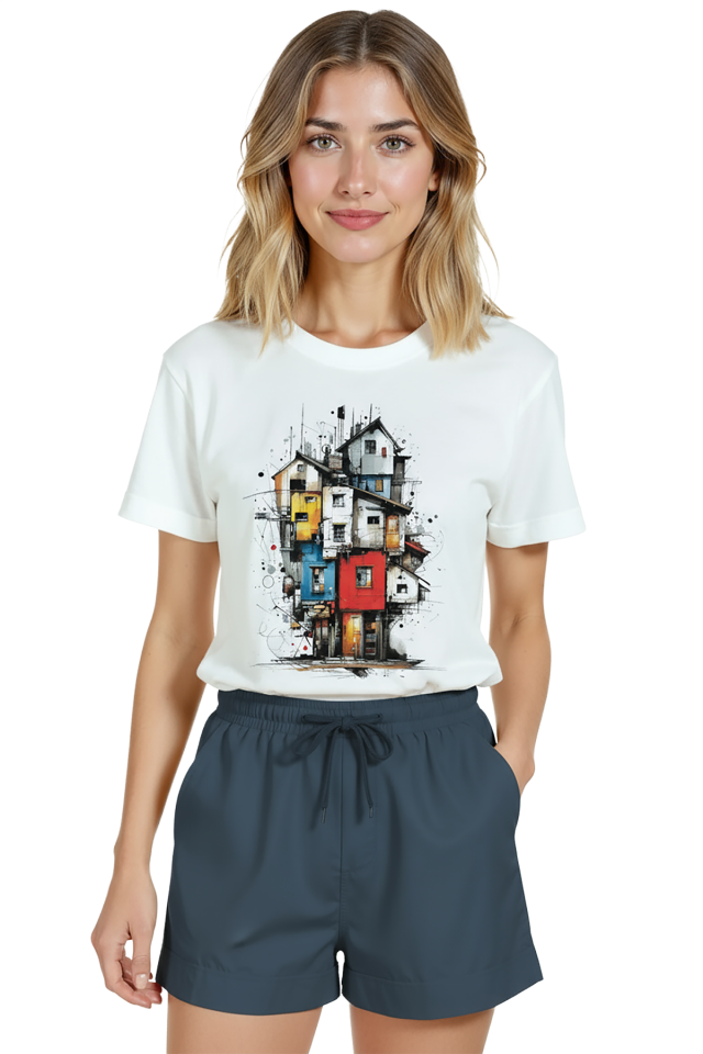 Kadın Beyaz Relaxed Fit %100 Pamuk Tişört – Suluboya & Mürekkep Renkli Evler Baskılı