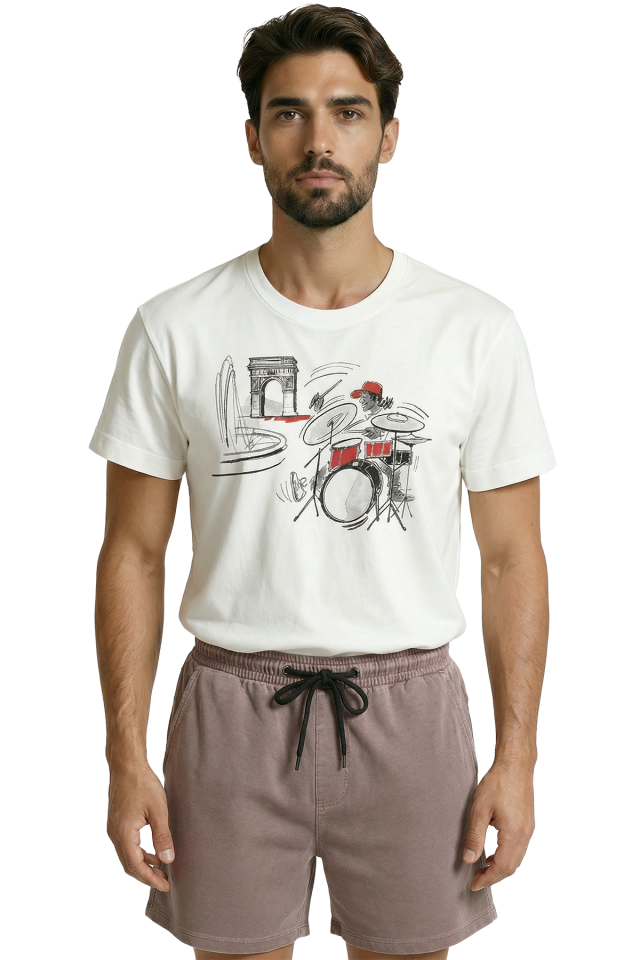 Paris Zafer Takı ve Sokak Müzisyeni Baterist Eskiz Baskılı Premium Erkek Tişört