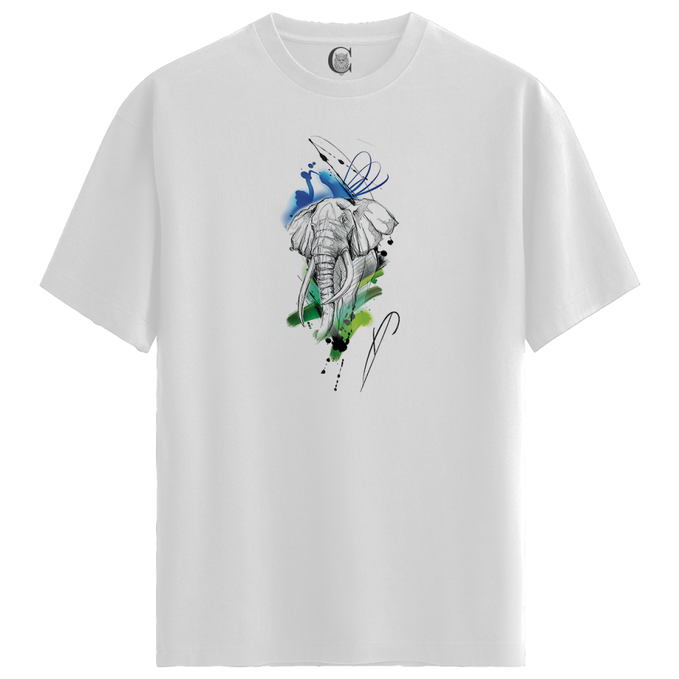 Elephant Art - %100 Pamuklu Erkek Beyaz Tişört - Premium Quality