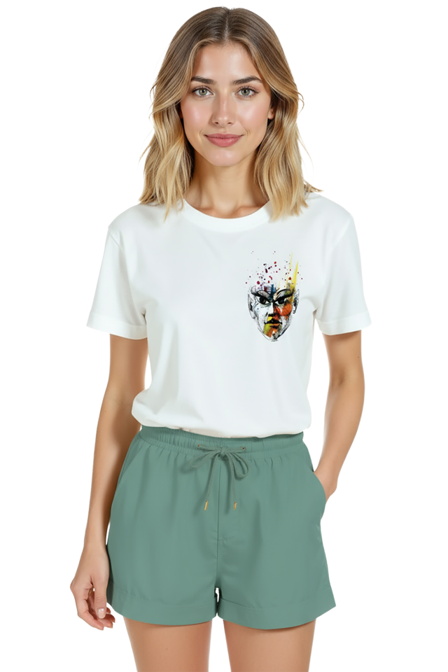 Kadın Beyaz Relaxed Fit %100 Pamuk Tişört – Suluboya Soyut Yüz Baskılı