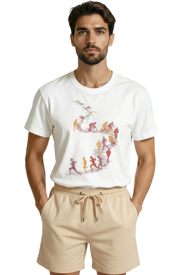 Triatlon Döngüsü: Yüzme, Bisiklet ve Koşu Figürlü Sporcu Tasarım Premium Erkek Tişört