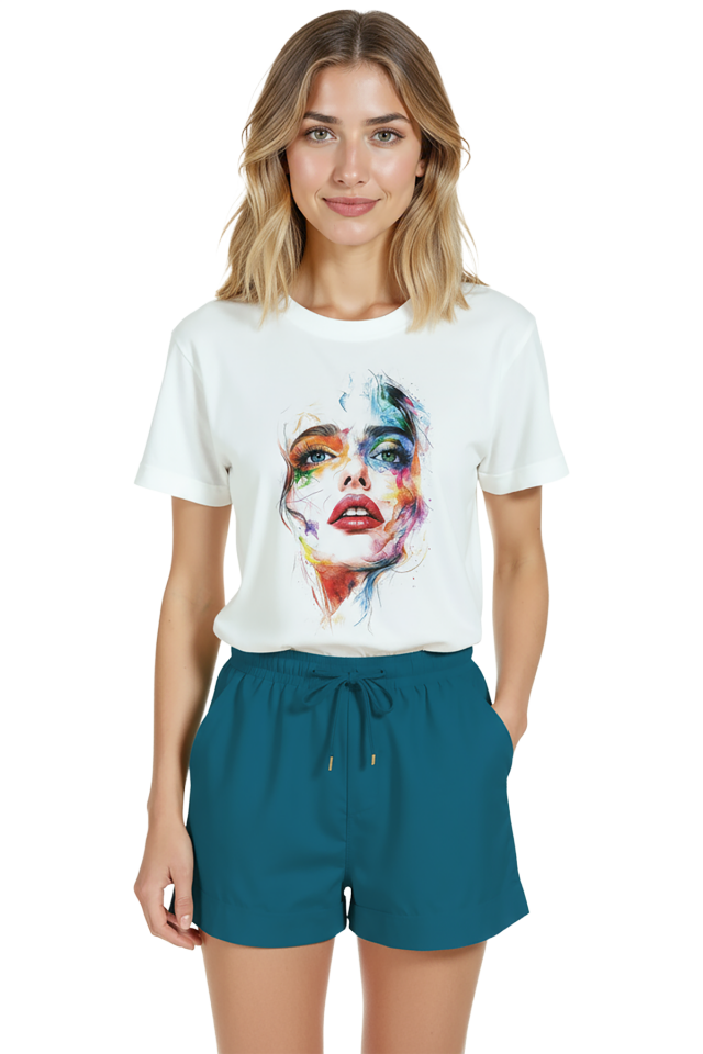 Kadın Beyaz Relaxed Fit %100 Pamuk Tişört – Renkli Suluboya Yüz Baskılı