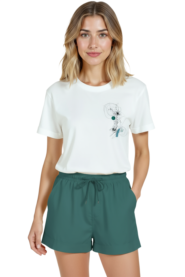 Kadın Beyaz Relaxed Fit %100 Pamuk Tişört – Soyut Geometrik Doodle Baskılı