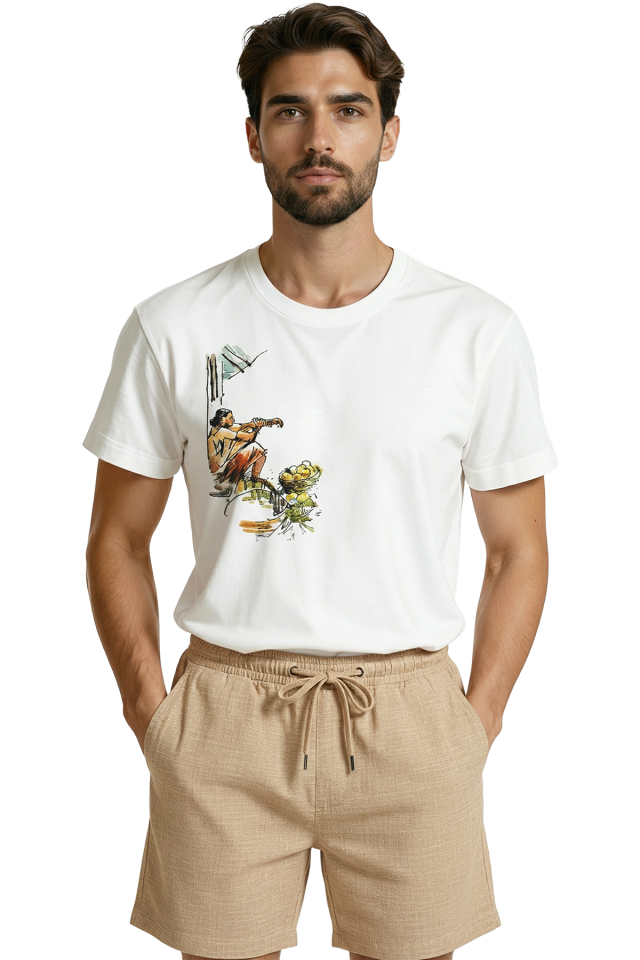 Otantik Meyve Satıcısı ve Sepeti Sulu Boya Eskiz Baskılı Premium Erkek Tişört