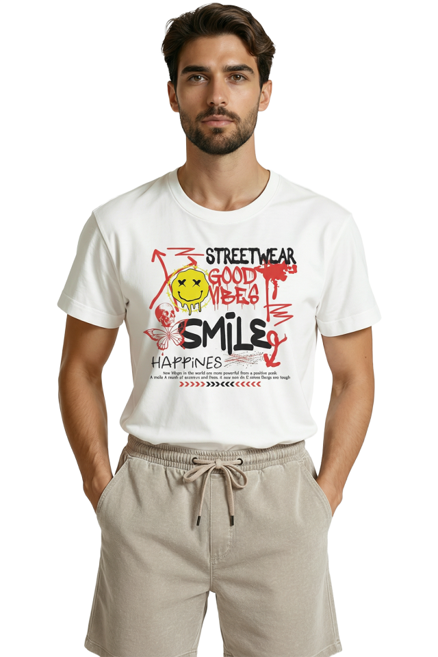 ''Streetwear Good Vibes'' ve ''Smile'' Yazılı Graffiti Temalı Premium Erkek Tişört