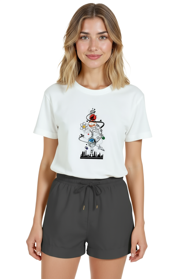 Kadın Beyaz Relaxed Fit %100 Pamuk Tişört – Bilim & Kozmos İllüstrasyonlu