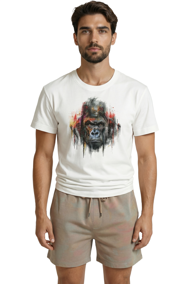 Sanatsal Goril Portresi ve Renkli Boya Efektli Tasarım Premium Erkek Tişört