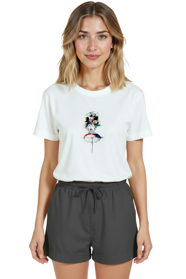 Kadın Beyaz Relaxed Fit %100 Pamuk Tişört – Suluboya Soyut Kadın Figürü Baskılı