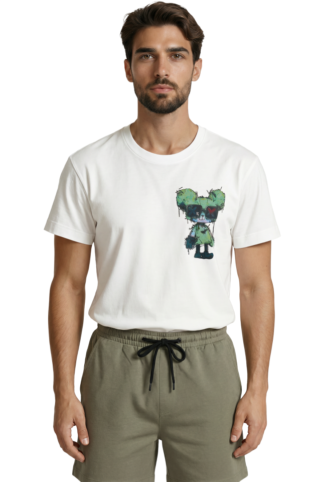 Graffiti Tarzı Gözlüklü Yeşil Ayıcık Baskılı Premium Erkek Tişört