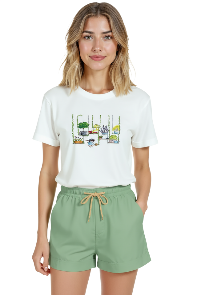 Kadın Beyaz Relaxed Fit %100 Pamuk Tişört – Suluboya Saksı Bitkiler Baskılı