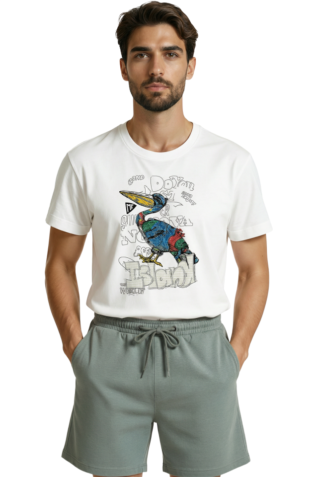 Graffiti Tarzı Pelikan ve Island Yazılı Renkli Sokak Sanatı Baskılı Premium Erkek Tişört