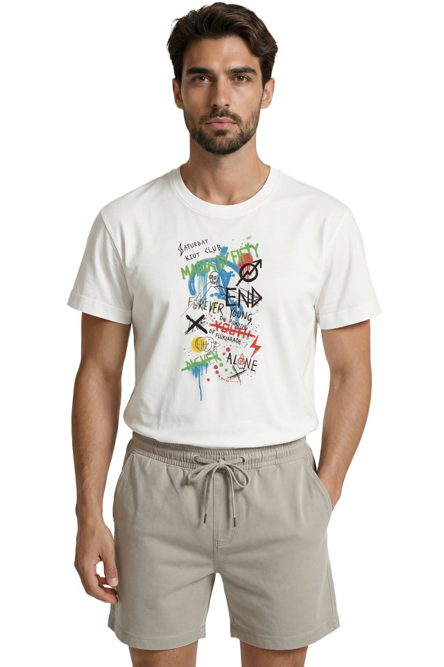 ''Forever Young'' ve Graffiti Yazılı Karmaşık Sokak Stili Premium Erkek Tişört