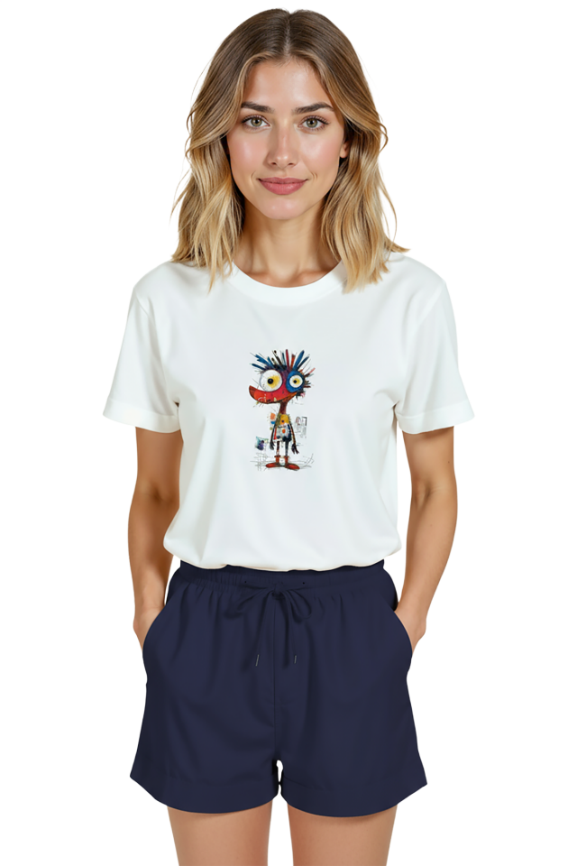 Kadın Beyaz Relaxed Fit %100 Pamuk Tişört – Renkli Soyut Karakter & Çizgisel Baskılı