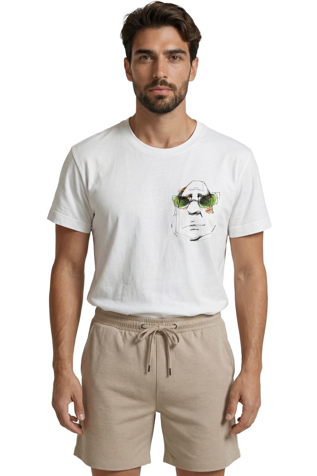 Minimalist Çizim Yeşil Gözlüklü Karakter Baskılı Premium Erkek Tişört