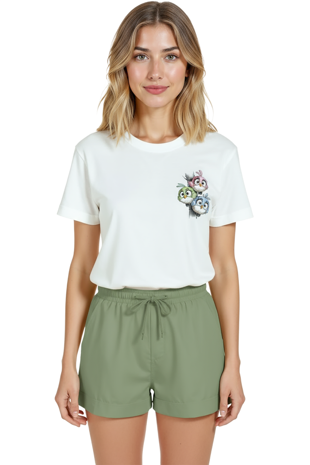 Kadın Beyaz Relaxed Fit %100 Pamuk Tişört – Çizgisel Kuş Ailesi & Sağ Göğüs Baskılı