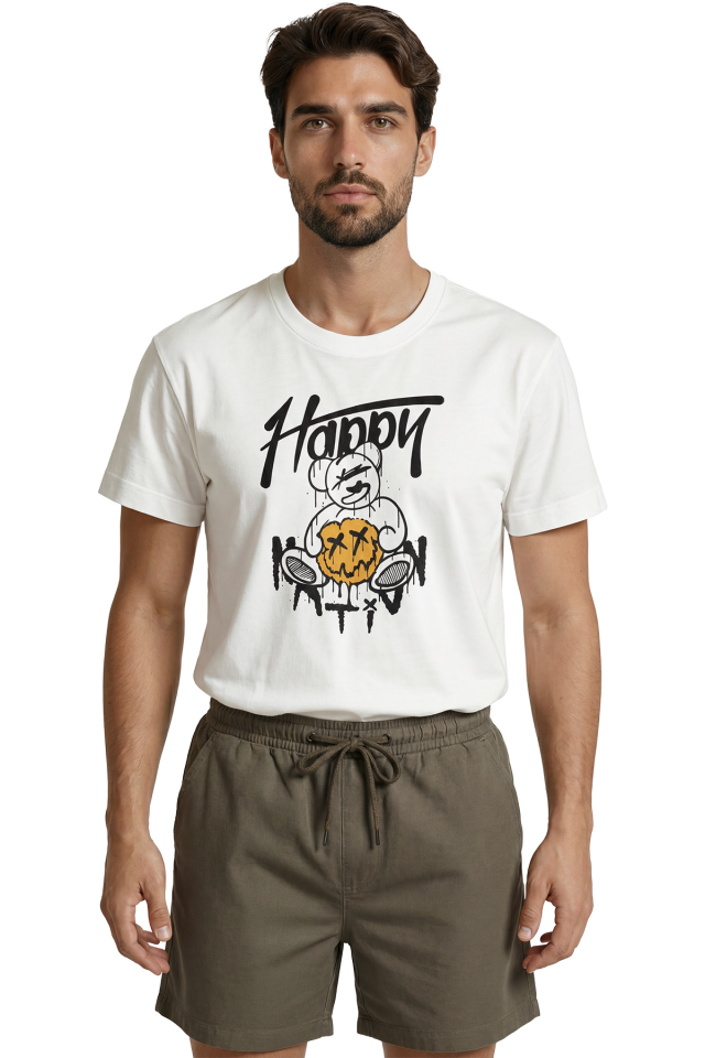 Graffiti Tarzı ''Happy'' Yazılı ve X Gözlü Ayıcık Baskılı Premium Erkek Tişört