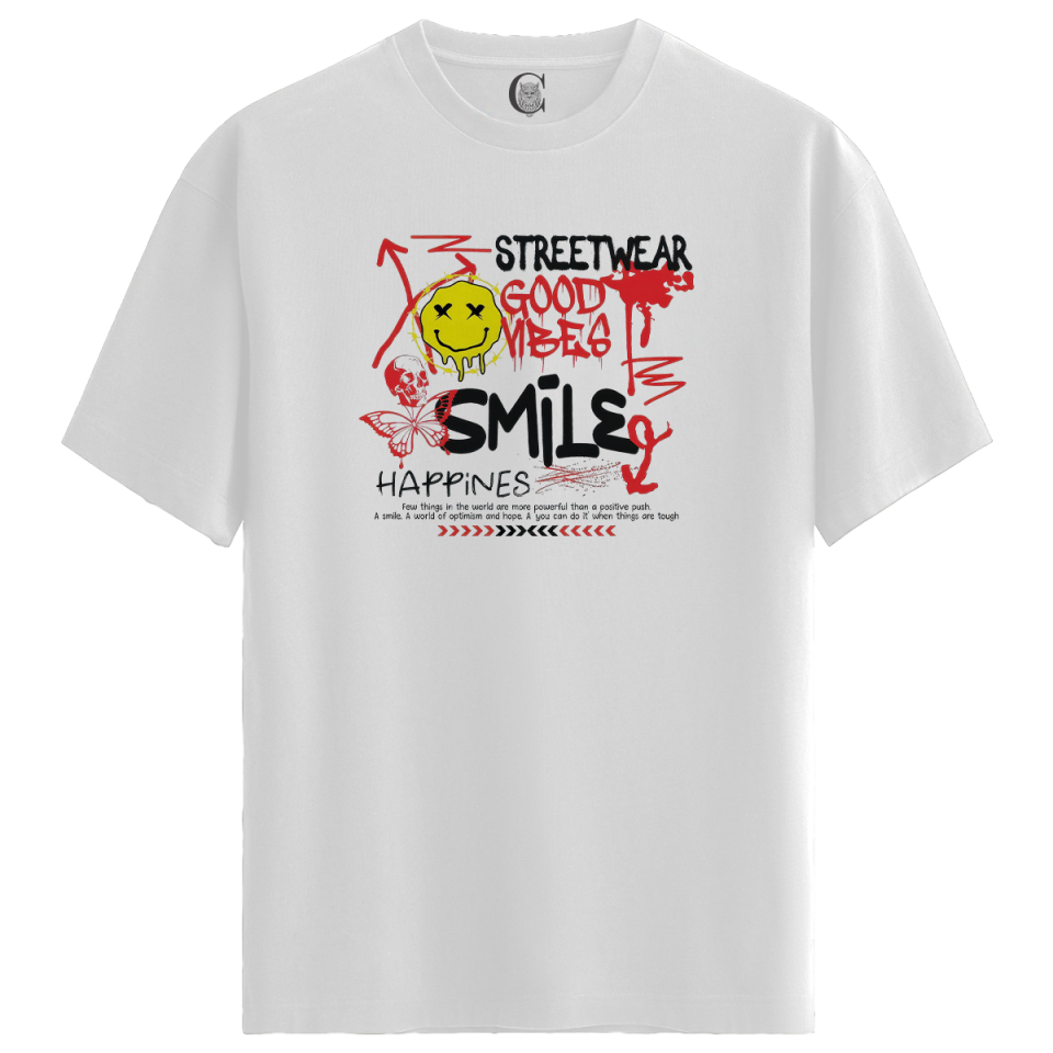 GoodVibes Smile - %100 Pamuklu Erkek Beyaz Tişört - Premium Quality