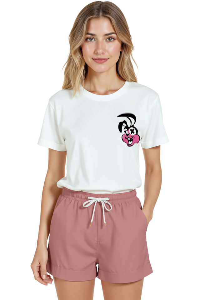 Kadın Beyaz Relaxed Fit %100 Pamuk Tişört – Graffiti Tavşan Minyatür Baskılı