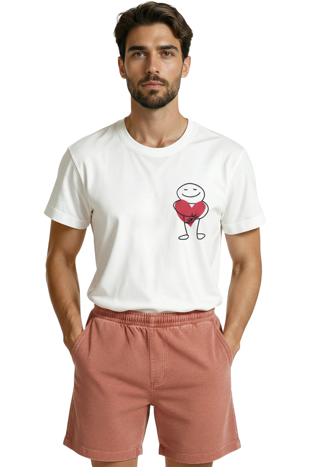 Kalbe Sarılan Sevimli Figür Minimalist Baskılı Tasarım Premium Erkek Tişört