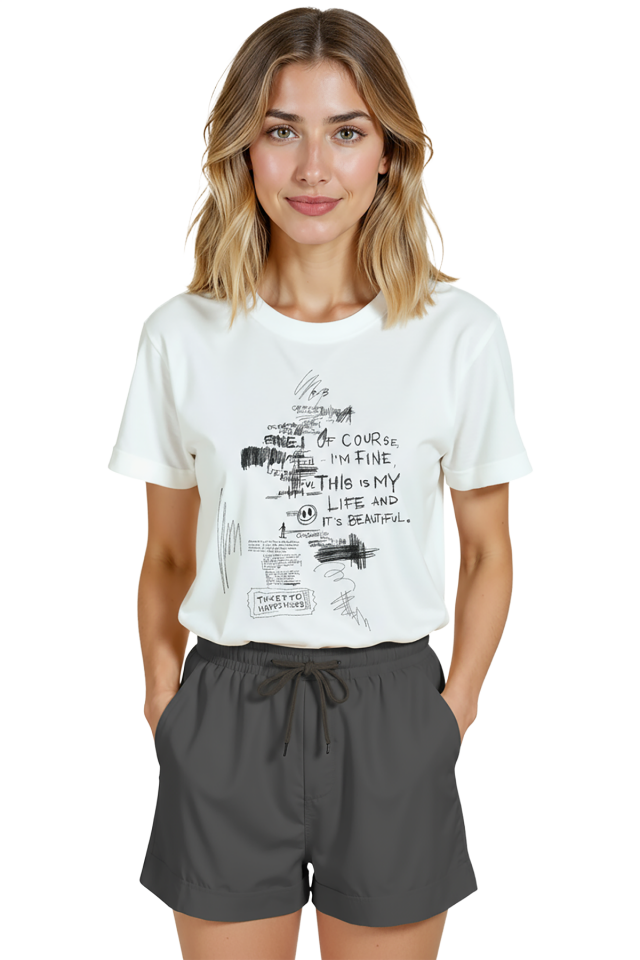 Kadın Beyaz Relaxed Fit %100 Pamuk Tişört – Çizgisel Doodle & Tipografi Baskılı