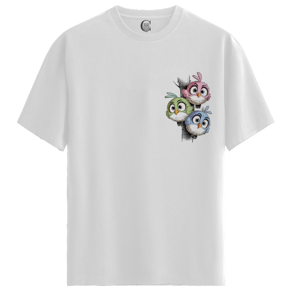 Cute Birds - %100 Pamuklu Kadın Beyaz Tişört - Premium Quality