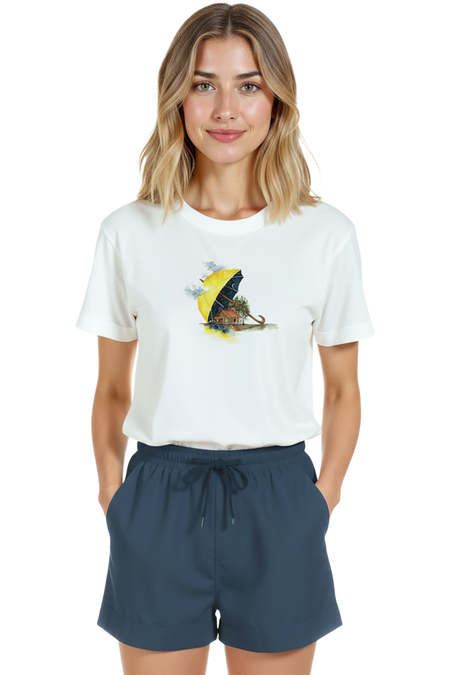 Kadın Beyaz Relaxed Fit %100 Pamuk Tişört – Şemsiye Ev Suluboya Baskılı