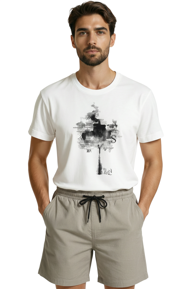 Soyut Mürekkep Lekesi ve Tipografik Ağaç Baskılı Tasarım Premium Erkek Tişört