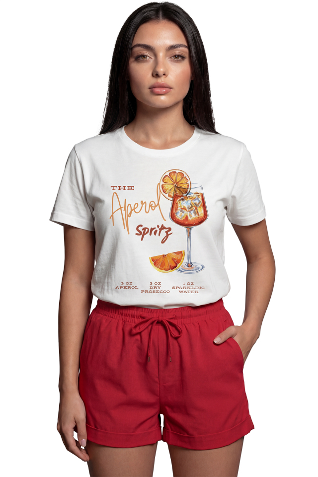 ''The Aperol Spritz'' Kokteyl Baskılı %100 Pamuk Rahat Kesim Premium Kadın Tişört