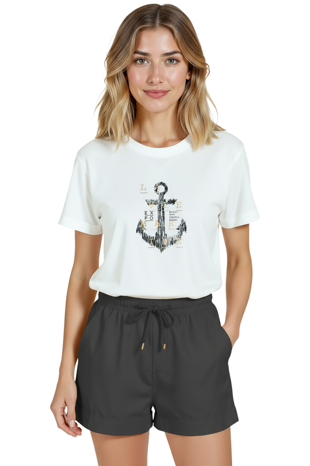 Kadın Beyaz Relaxed Fit %100 Pamuk Tişört – Suluboya Çapa & Marin Tipografi Baskılı