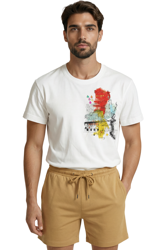 İstanbul Silüeti ve Tarihi Yarımada Sulu Boya Eskiz Baskılı Premium Erkek Tişört