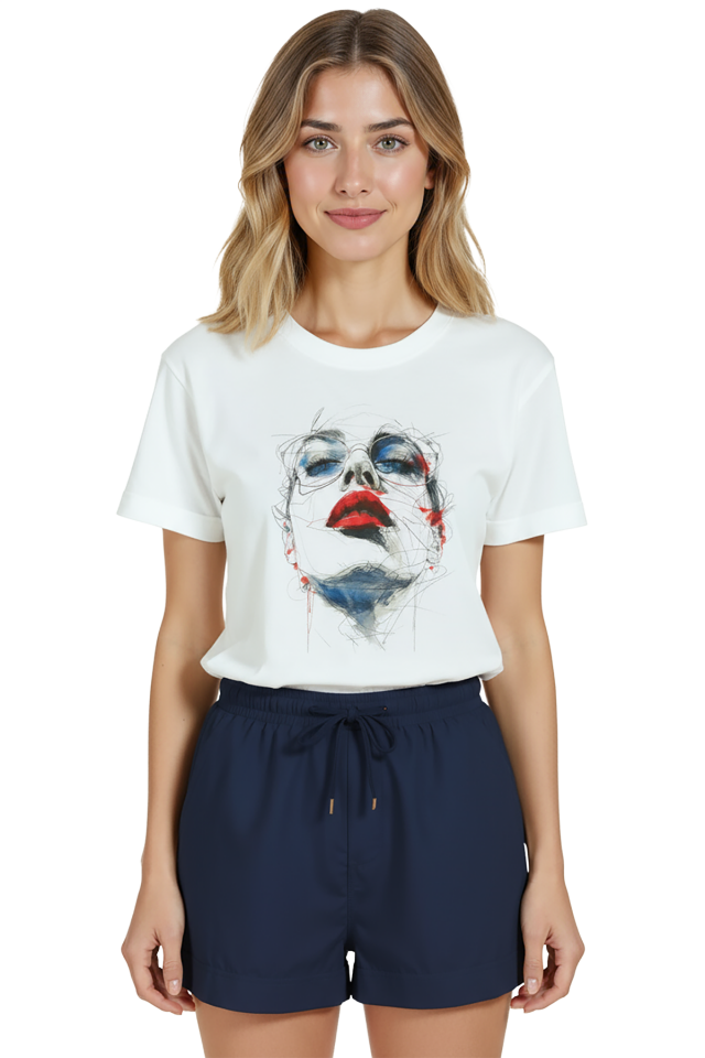 Kadın Beyaz Relaxed Fit %100 Pamuk Tişört – Çizgisel Portre & Kırmızı Ruj Baskılı