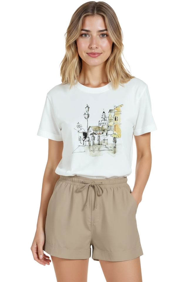 Kadın Beyaz Relaxed Fit %100 Pamuk Tişört – Sokak Lambaları ve Şemsiyeler Baskılı