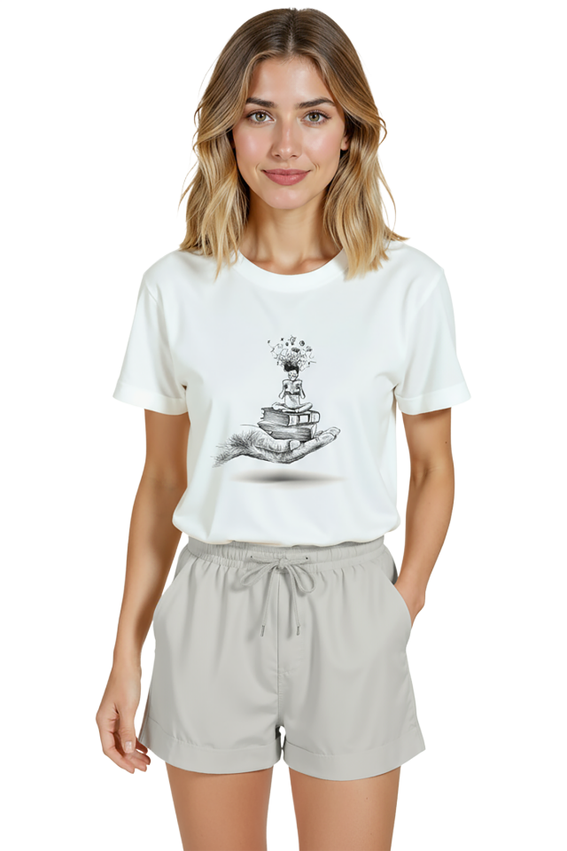Kadın Beyaz Relaxed Fit %100 Pamuk Tişört – Çizgisel Okuma & Hayal Gücü İllüstrasyonlu