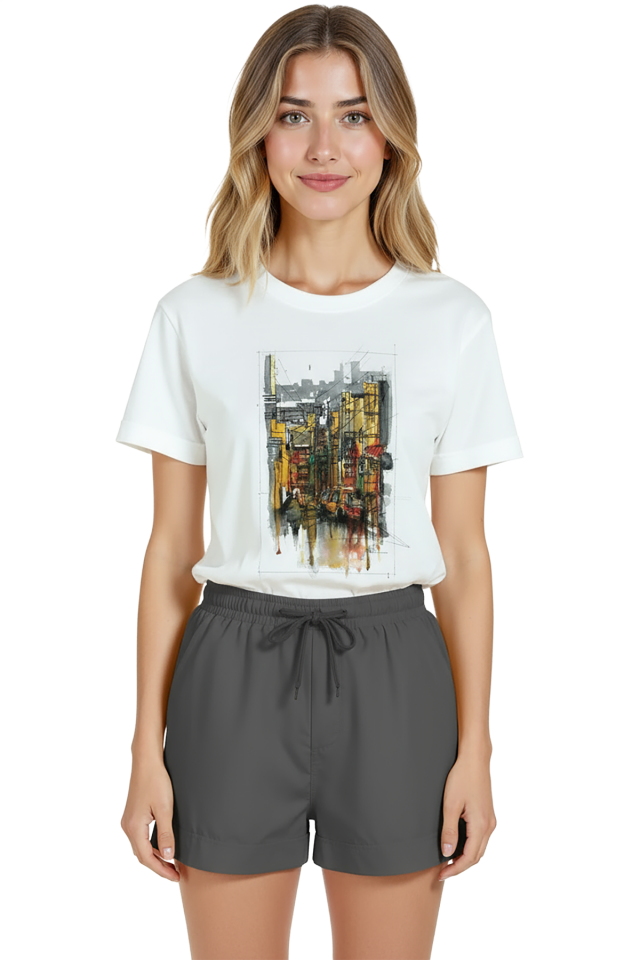 Kadın Beyaz Relaxed Fit %100 Pamuk Tişört – Yağmurlu Şehir Sokağı Suluboya Baskılı