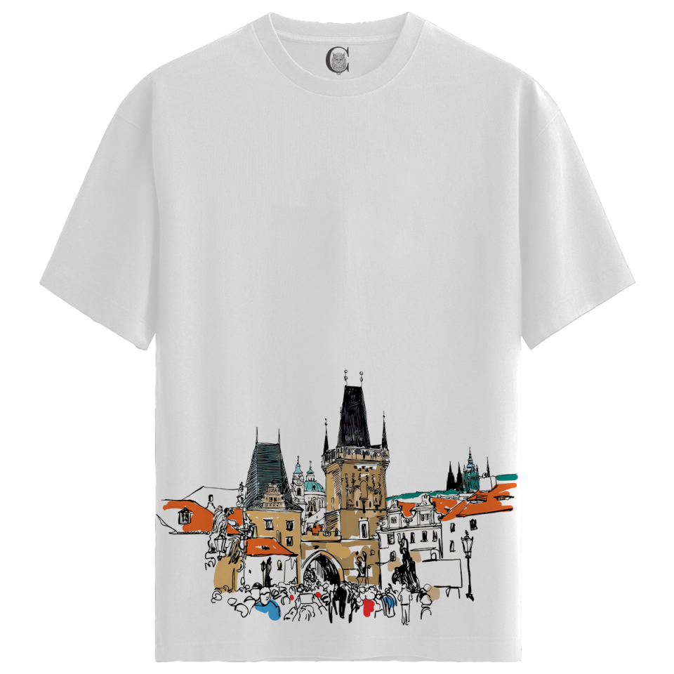 Prague Tower - %100 Pamuklu Kadın Beyaz Tişört - Premium Quality