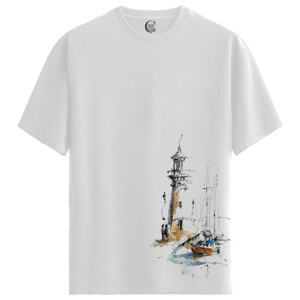 Harbor Lighthouse - %100 Pamuklu Erkek Beyaz Tişört - Premium Quality