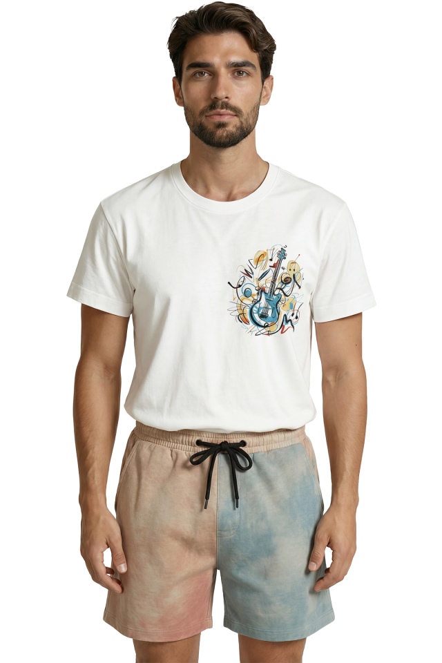 Soyut Mavi Gitar ve Renkli Notalar Baskılı Sanatsal Tasarım Premium Erkek Tişört