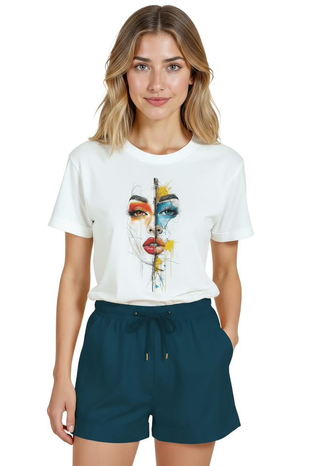 Kadın Beyaz Relaxed Fit %100 Pamuk Tişört – Bölünmüş Renkli Portre Baskılı