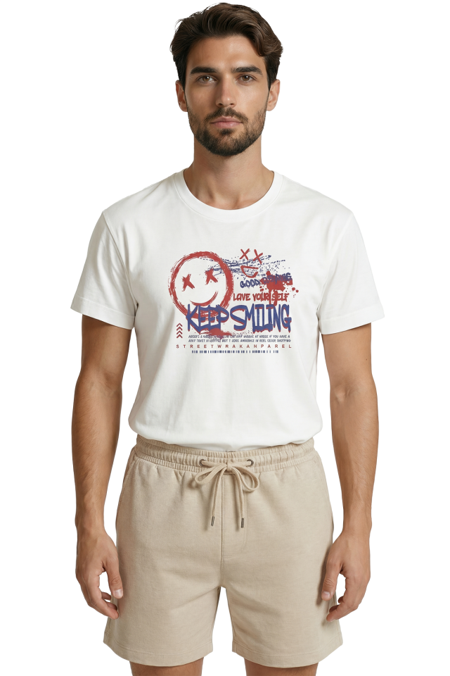 Graffiti Tarzı ''Keep Smiling'' ve Gülen Yüz Baskılı Streetwear Premium Erkek Tişört