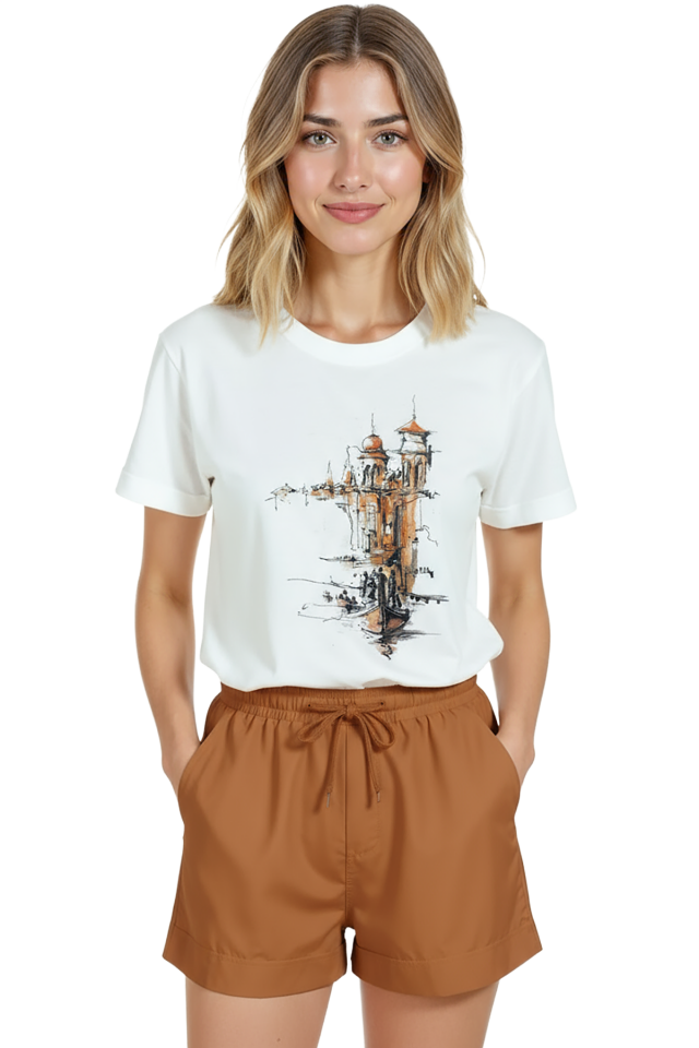 Kadın Beyaz Relaxed Fit %100 Pamuk Tişört – Venedik Gondol ve Kuleler Baskılı