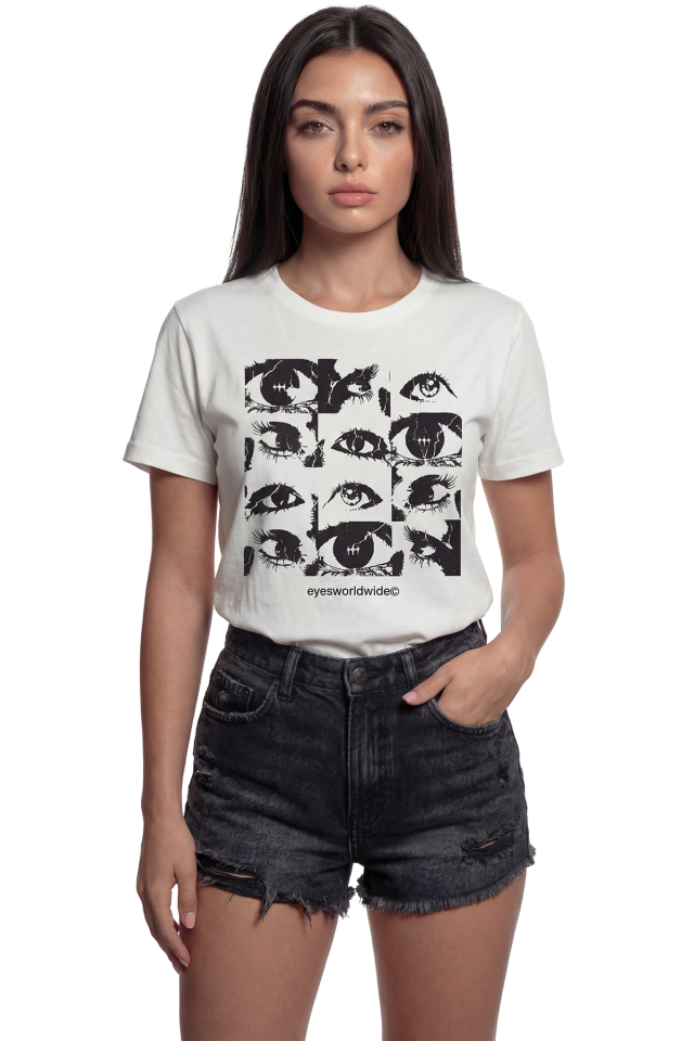''Eyes Worldwide'' Göz Kolajı Baskılı %100 Pamuk Rahat Kesim Premium Kadın Tişört