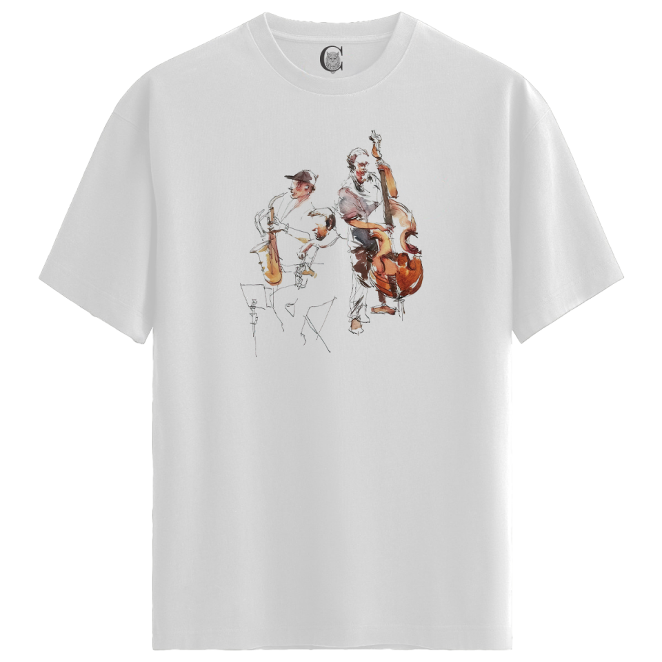 Jazz Duo - %100 Pamuklu Erkek Beyaz Tişört - Premium Quality